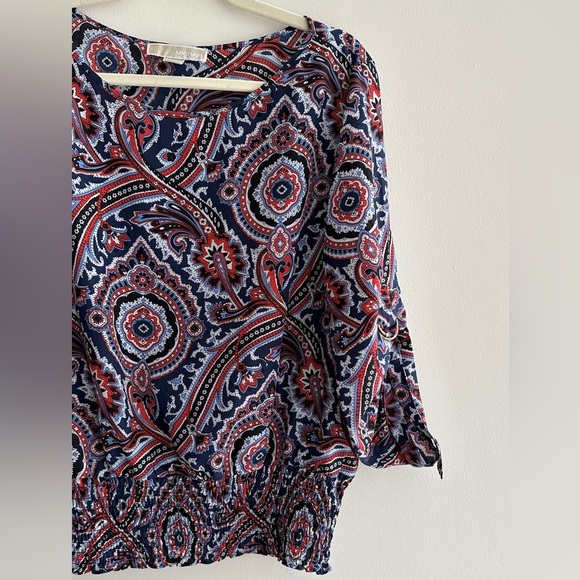 Michael Kors Multicolor Paisley Roll Tab Sleeve Smocked Blouse, Size Large - Picture 5 of 16